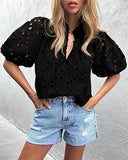 Pbong  Fashionable Casual Lace Embroidery Women's Shirt V-Neck Button Hollow out Lantern Sleeve Summer Top Cross-Border Clothing