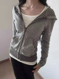 2000s American Streetwear Striped Hooded Sweatshirt Y2k Autumn New Slim Fit Short Cardigan Fashion Casual Long Sleeve Coat Women
