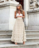 New Casual Womens Solid Ball Gown Long Skirt Tulle High Waist Pleated Elegant Ladies Wild Mesh Dating Maxi Skirts Drop