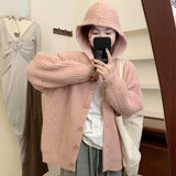 Hooded Cardigan Sweater for Women Morandi Pink Blue Button-Up Knitted Hoodie Jacket Autumn Winter Teen-girl Slouchy Knitwear