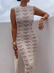 Summer Knitted O-neck Women Sleeveless Dress Sexy Bodycon Solid Strip Long Dress Fashion Office Dresses For Women