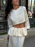 Pbong   Elegant Solid Top Skirt Women's Set Fashion O-neck Button Long Sleeve Blouse Ruffles Skirts Summer Autumn Vacation Lady New