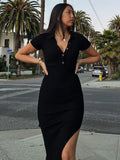 Knitted Women Bodycon Dress Sexy V-Neck Short Sleeve Split Long Dresses Autumn Black High Street Casual Party Vestidos