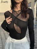 Mesh See Through Women's Bodysuit Soild Fashion Asymmetric Neck Long Sleeves Sexy Party Clubwear Female Summer Rompers