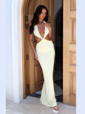 Women Sexy Hollow Out Deep V-neck Long Dress Fashion Solid Pleated Backless Lace-up Maxi Dresses Summer Vocation Beach Vestidos