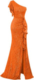 Pbong  Sequin Ruffle Formal Dresses One Shoulder Mermaid Evening Gown Sparkly Long Maxi Dress with Slit