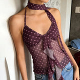 Vintage Summer American Halter Spliced Fungus Edge Tank Tops Y2k Thin Euramerican Casual Tops Harajuku High Street Camisole