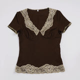 Pbong  Women's Vintage Style Short Sleeves T-shirts Slimming Brown V-Neck Lace Patchwork Casual Tops Summer All Match Clothes Fashion
