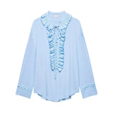 Elegant Casual Ruffles Lace-up Shirts Women Fashion Loose Long Sleeve V Neck Summer Blouse Lady Lightweight Holiday Tops 2025