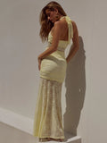 Lace Draped Ruched Sexy Maxi Dress Women Summer Patchwork Halter Sleeveless Backless Bodycon Club Long Dress Elegant