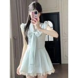 Pbong  Womens Sweet Ruffle Sleeve Bow Tie Front Mini Dress Lace Trim A Line Casual Cute Dress