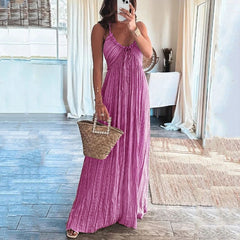 Women Maxi Dress Summer Casual Printed Halter Sleeveless V Neck Lace Up Backless Beach Loose Dresses High Streetwear