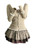 spring Woman Korean Fashion Long Sleeve Cardigan Tops 90s Vintage Sweaters Mori Girl Square Collar Lace Spliced Knitwears