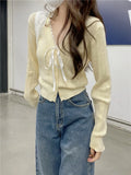 Women's Pointelle Knit Cardigan with Bow Long Sleeve Button Front Sweater Openwork Cardi Teen-girl Fairycore Balletcore Outfit