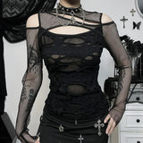 Gothic Mesh Hole Long Sleeve T-Shirts Women's Mock Neck Slim Fit Fishnet Sheer Blouse Cut Out Rave Tops See Through Top