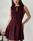 Pleated Tank Mini Dress For Women Bows Lace Up Hollow Sleeveless A-line Dress Fashion Commuting Clothes Solid Lady Dress
