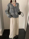 Cute Floral Knitted Cardigan for Women Cozy O-neck Button Front Sweater Jacket Teen-girl Fall Winter Korean Fashion Outfit