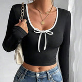 Autumn T-Shirts 2025 Women's Casual Plain Screw Thread Bowknot Long Sleeve Round-Neck Daily Basic T-Shirts