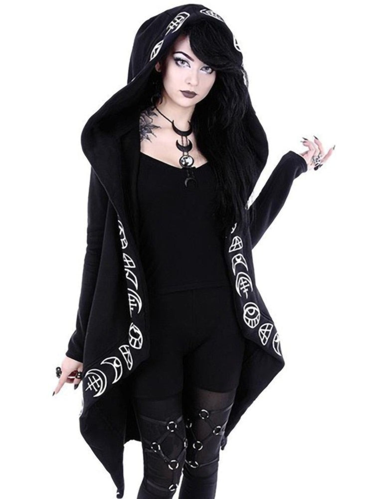 Gothic Punk Black Long Women Hoodies Sweatshirts Halloween Moon Print Long Sleeve Hoodie Women Loose Coat Hooded Sweatshirt