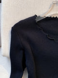 Black/White Solid Lettuce Trim Bowknot Pullover Sweater Y2K Casual Long Sleeve Sweater For Spring & Fall Women's Clothing