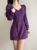Purple Loose Corduroy Long-Sleeve Dress