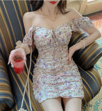 Pbong  Elegant floral print Dress summer women dress New strapless short flying sleeve Lace up high waist Sexy Mini pleated dress