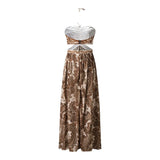 Fashionable French Style Sexy Backless Strapless Dress High Waist Long A- Line Skirt Polyester Geometric Print Street Style