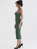 Spaghetti Strap Lace Sexy Midi Dress For Women Gown  Green Sleeveless Backless Club Party Printed Long Dress Vestidos