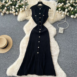 Brand Fashion Women Knitted Summer Dress Elegant Single-breasted Slim Waist Long Shirt Dress Office Lady Vestidos