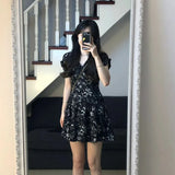 Pbong  Women's Elegant Floral Print Mini Dress Ruffle Short Sleeve V Neck A-line Party Dress