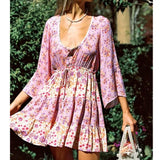 Pbong  Floral Vintage Mini Dress Pink Holiday Boho Women Dress  Flare Sleeve Summer Holiday Ladies Female Sexy Dresses