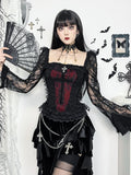 Mall Gothic Vintage Lace T-shirt Women Palace Style Sexy Cross Lace Patchwork Square Collar Flare Sleeve Crop Tee Tops