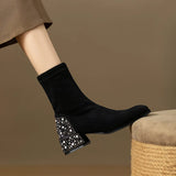 Pbong  new square head boots elegant pearl rhinestone thick heel suede single boots female short boots hundred