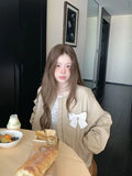 Sweet Bow Korean Jacket Women Fall Preppy Style Cute Long Sleeve Coat Vintage Casual O Neck Loose Female Pockets Tops New