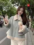 Faux Suede Lamb Jackets Women Winter Warm Thick Sweet Cute Short Coat Korean Vintage Loose Long Sleeve Preppy Style Tops