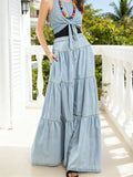 Pbong  Women's Denim Long Skirt High Waist Layered Ruffle Flowy A-Line Jean Skirt for Summer Fall