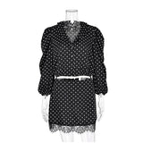 Pbong  Polka Dot V Neck Puff Sleeve Crop Top Lace Trim Mini Skirt Set Spring  Retro Chic Party Feminine Women Two Piece Outfit