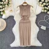 Pbong  Skinny Knit Dresses Summer Women's Dress New Korean women's O-neck Solid sleeveless Hollow Out Sexy Midi wrapped knit dress