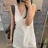 Pbong  Women Clothing V-neck Polka Dot Dresses Vintage Summer Sleeveless Robe Femme Gauze Patchwork Mini Dress