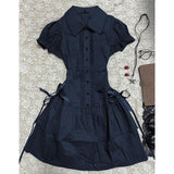 Pbong  Vintage Lace Patchwork Shirt Dress Women Lolita Preppy Style Button Short Sleeve Dress Slim Harajuku Y2K Tiered Gothic Vestidos