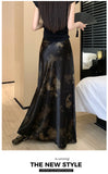 Retro Tie Dye Satin Long Skirts Women Elegant Korean Vintage Slim Trumpet Skirt Casual Summer Sweet Comfortable Long Skirt