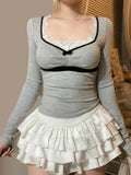 Sweet Fairycore Lace Trim Spliced Women’s Tops Long Sleeves Slim Fit Balletcore Gentle Blouses Autumn Trendy Clothes