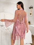 Hot-selling solid-color polyester nightgown lace see-through robe for women 2pcs set