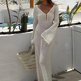 Pbong  Women Beach Style Knitted Hollow Out Long Dress Elegant Crochet Flare Sleeve Low Cut V Neck Backless Dress Club Party Vestidos