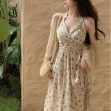 Pbong  Summer New Gentle Wind Fragmented Flower V-Neck Sling Dress Set Waist Wrap Neck Hanging Long Dress Thin Sun Protection Cardigan