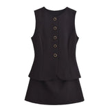 Summer New Sleeveless Button Women's Playsuit Round Neck Elegant Chic Black One Piece Fashion All-match Woman Clothing