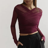 Pbong  Woman Gauze T Shirts Slim Waist Long Sleeve Tees Fashion Temperament Pleated Tops Korean Camisetas V-neck Tunic Sexy Crop Tshirt