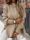 Chunky Knitted Mock Neck Sweater Side Slit Long Sleeve Pullover Female Knitwear Autumn Winter Women Casual Chic Outfit
