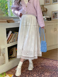 Embroidered Hollow Lace Spliced White Long Skirt 2025 Spring Summer New Elastic Waist Cotton A-line Vacation Beach Boho Skirt