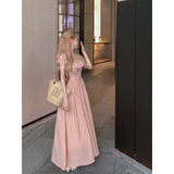 Pbong  Sweet Gentle Square Neck Dress Summer New Temperament Waist-sharp Mid-length Dress